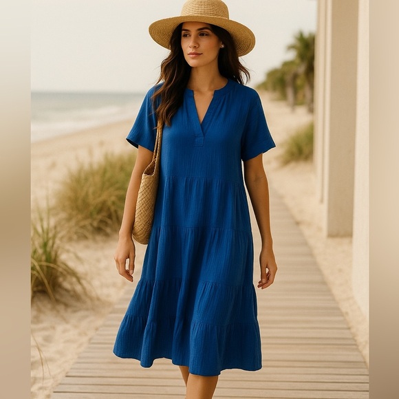 Chico’s 100% Cotton Gauze Tiered V Neck Blue Midi Dress Short Sleeve Size XXL - Picture 1 of 11